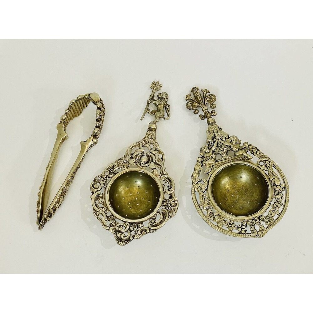 Stunning Antique Italy Brass Italy Cherubs, Lion Tea Strainer Set